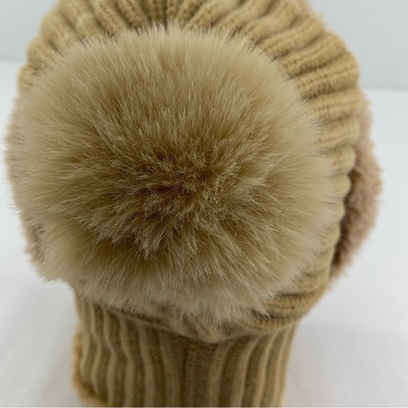 Cozy Women’s One Piece Scarf & Mask Tan Knit Pom-Pom Hat - Picture 7 of 14